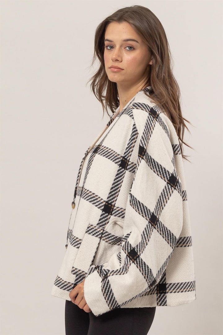 Cream Hyfve Plaid Long Sleeve Jacket With Side Slit Pockets