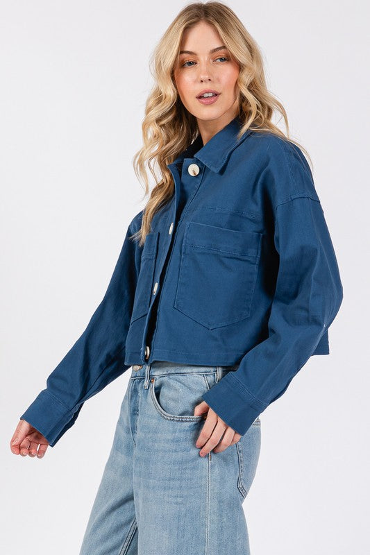 Peacock  Blue Bytos Button Down Cropped Denim Jacket With Patch Pockets