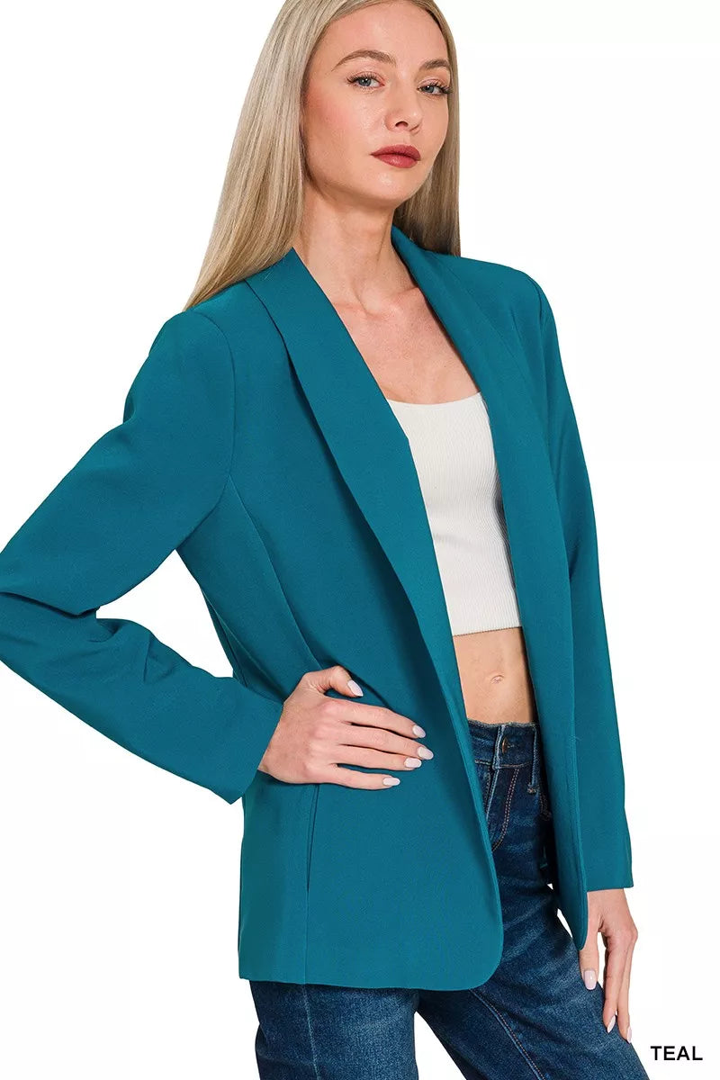 Teal Zenana Woven Long Sleeve Blazer With Lining 2