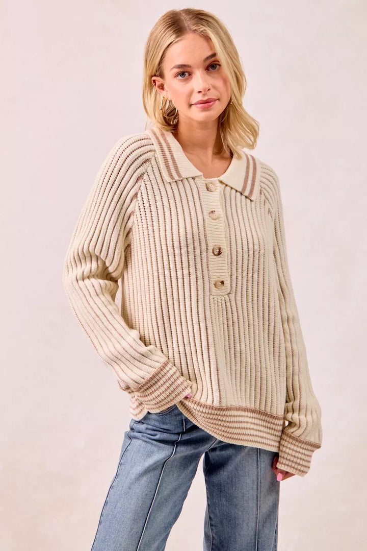 Cream/Latte Bibi Half Button Ribbed Two Tone Sweater