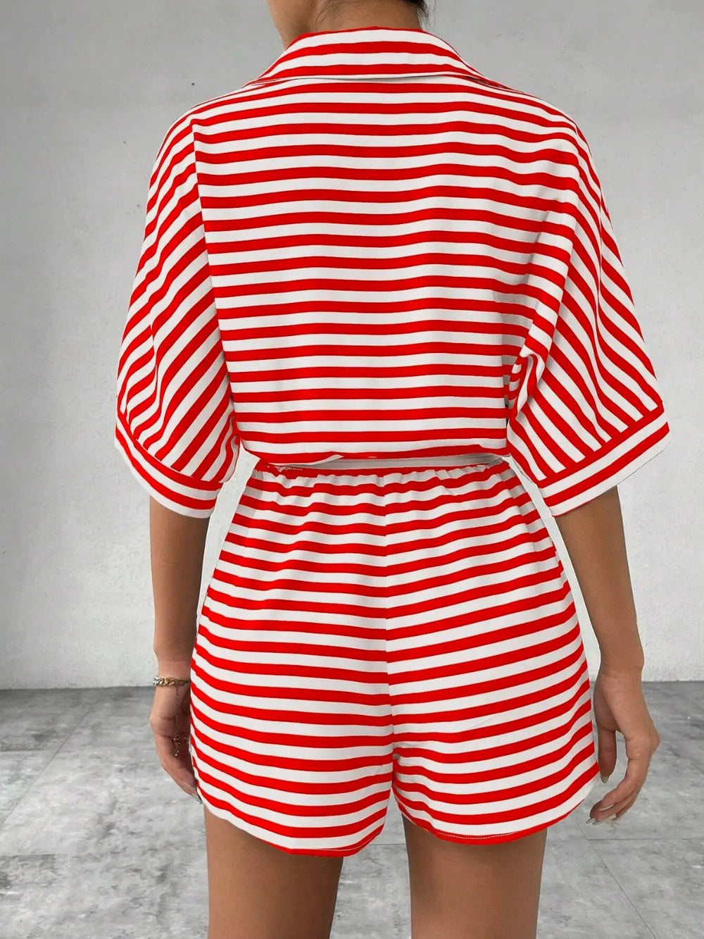Red Tie Waist Half Button Striped Romper