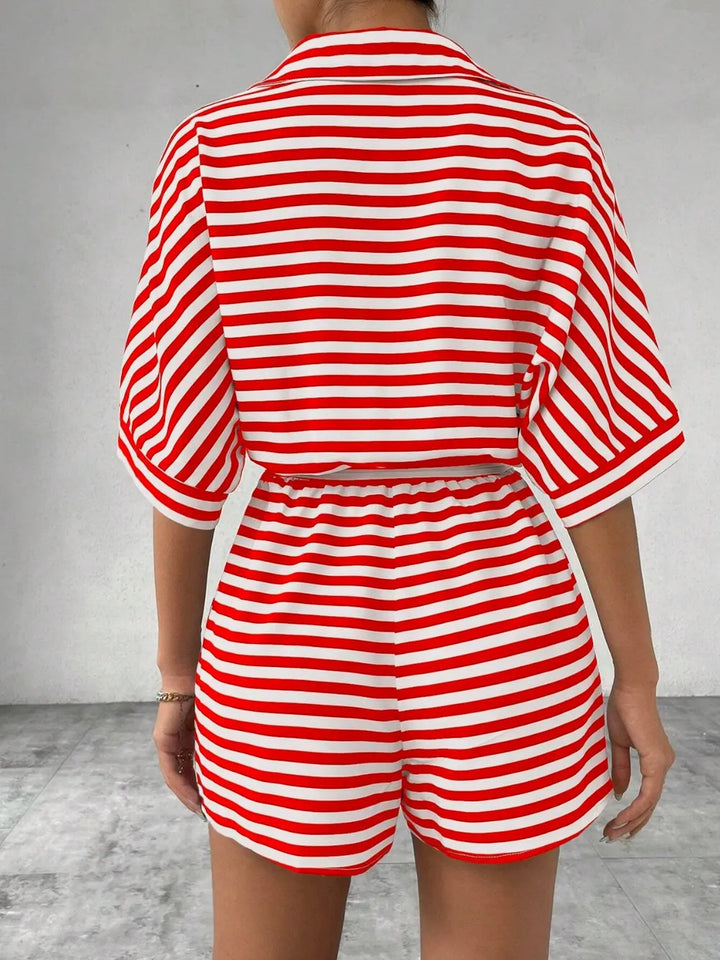 Red Tie Waist Half Button Striped Romper
