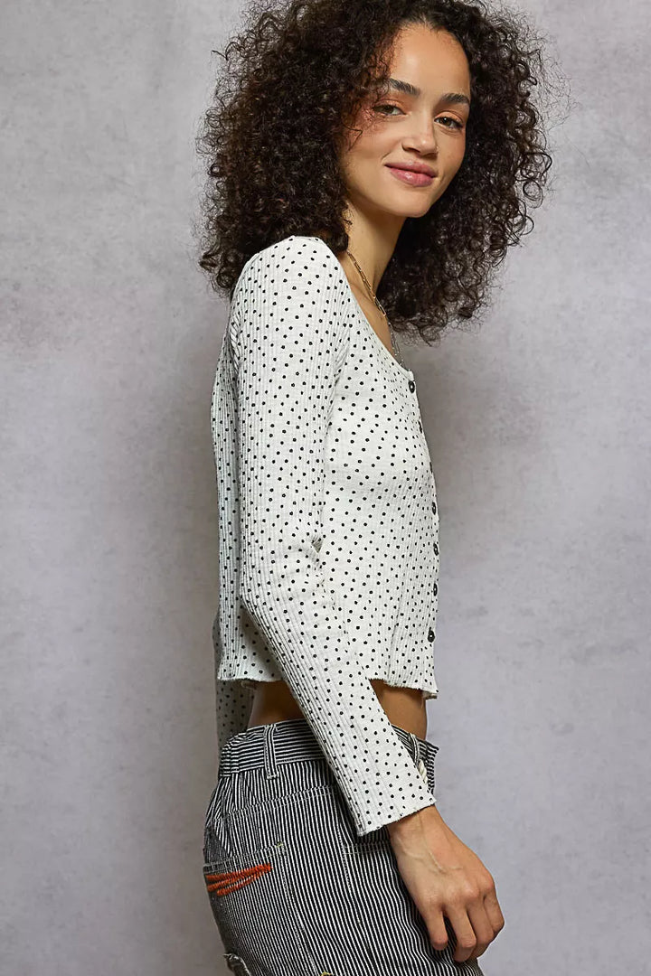 Off White Pol Button Down Polka Dot Ribbed Cardigan