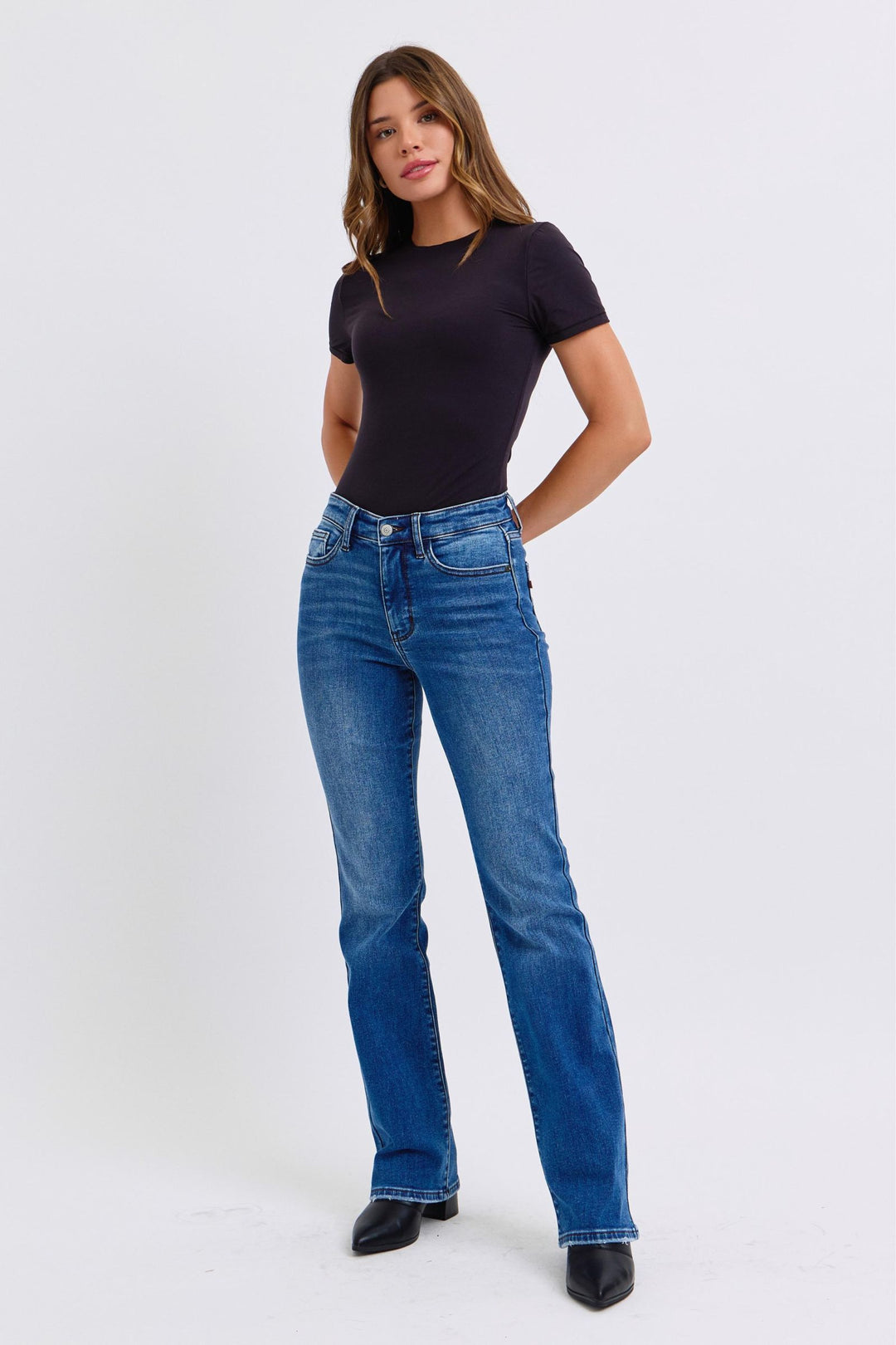 Dark Judy Blue Full Size Run Mid Rise Bootcut Jeans With Thermal Lining