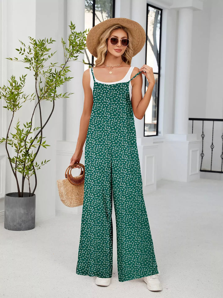 Green Full Size Floral Print Wide Leg Casual Jumpsuit Plus Size