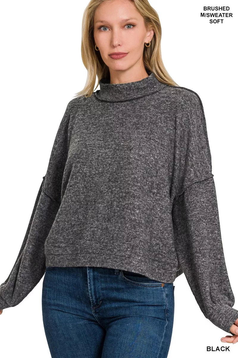 Black Zenana Brushed Melange Hacci Cropped Sweater
