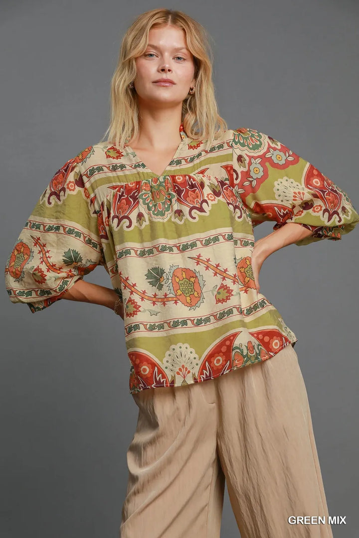 Yellow-Green Umgee Full Size Border Print Notched 3 4 Puff Sleeve Blouse Plus Size