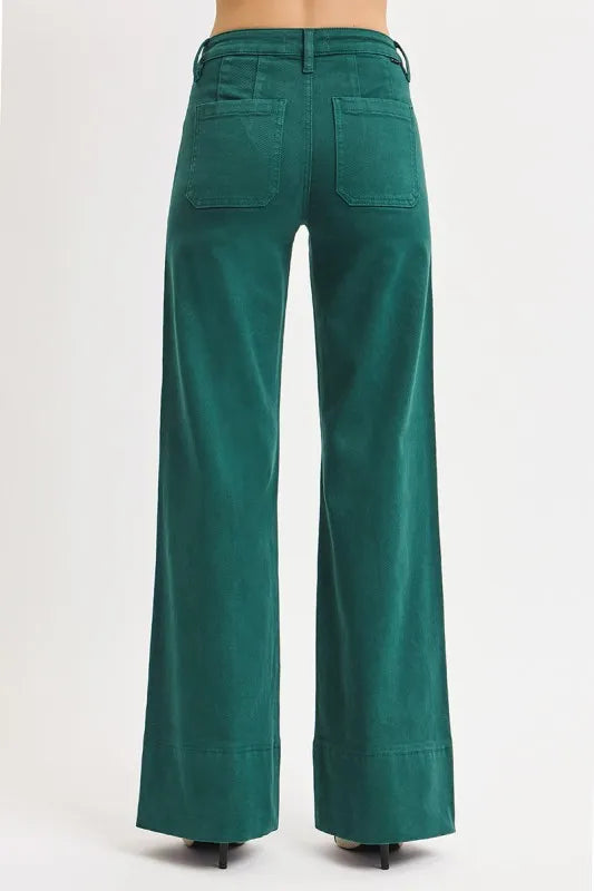 Hunter Green Risen Full Size Tummy Control Mid Rise Wide Leg Jeans Plus Size