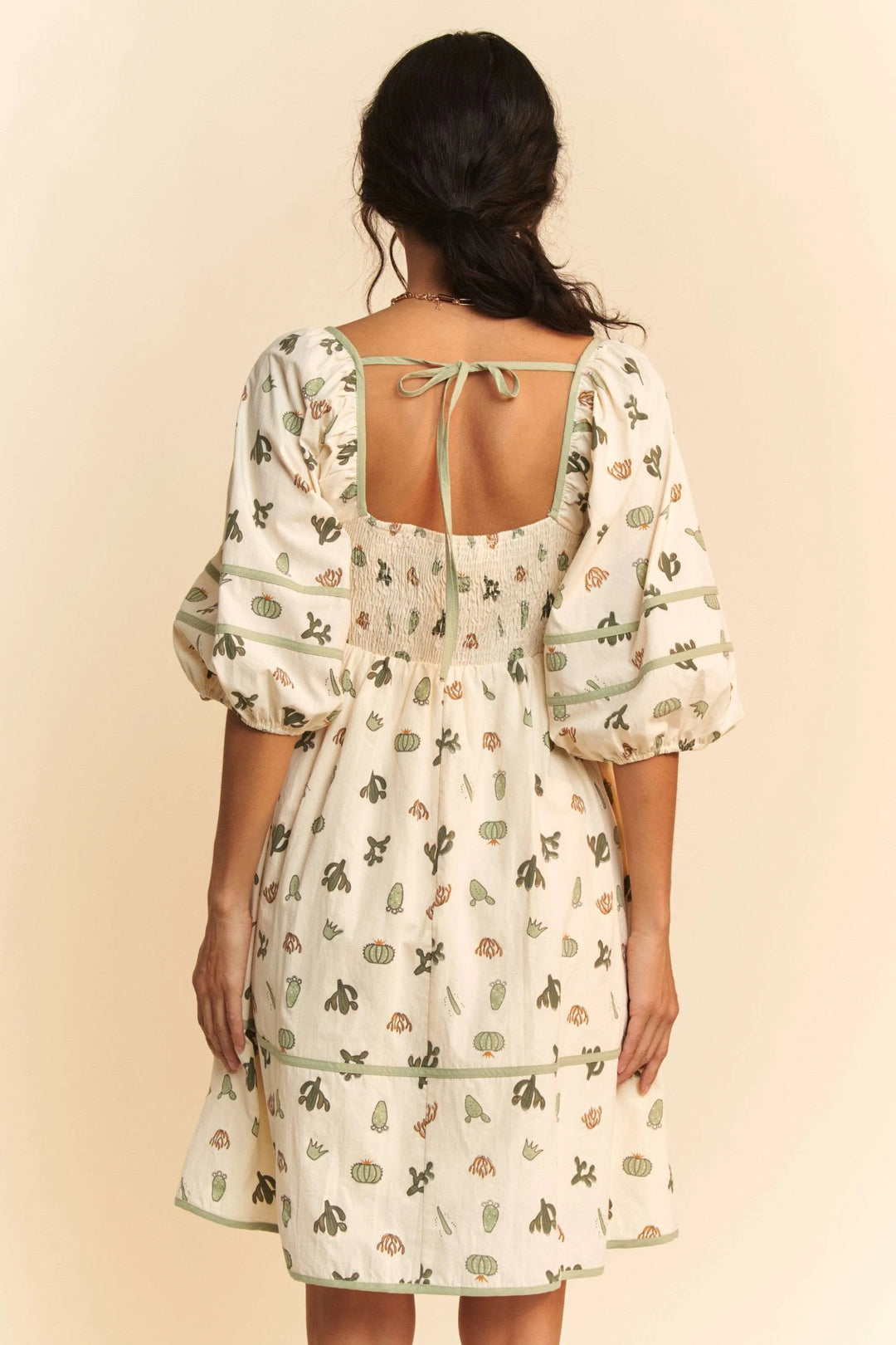Davi Dani Cactus Printed Poplin Contrast Piping Mini Dress