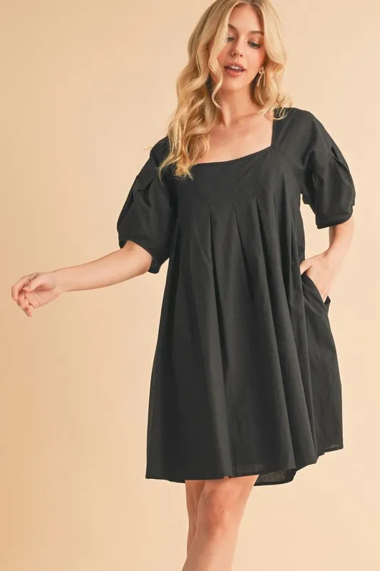 Black Aemi Co Square Neck Babydoll Dress With Pockets