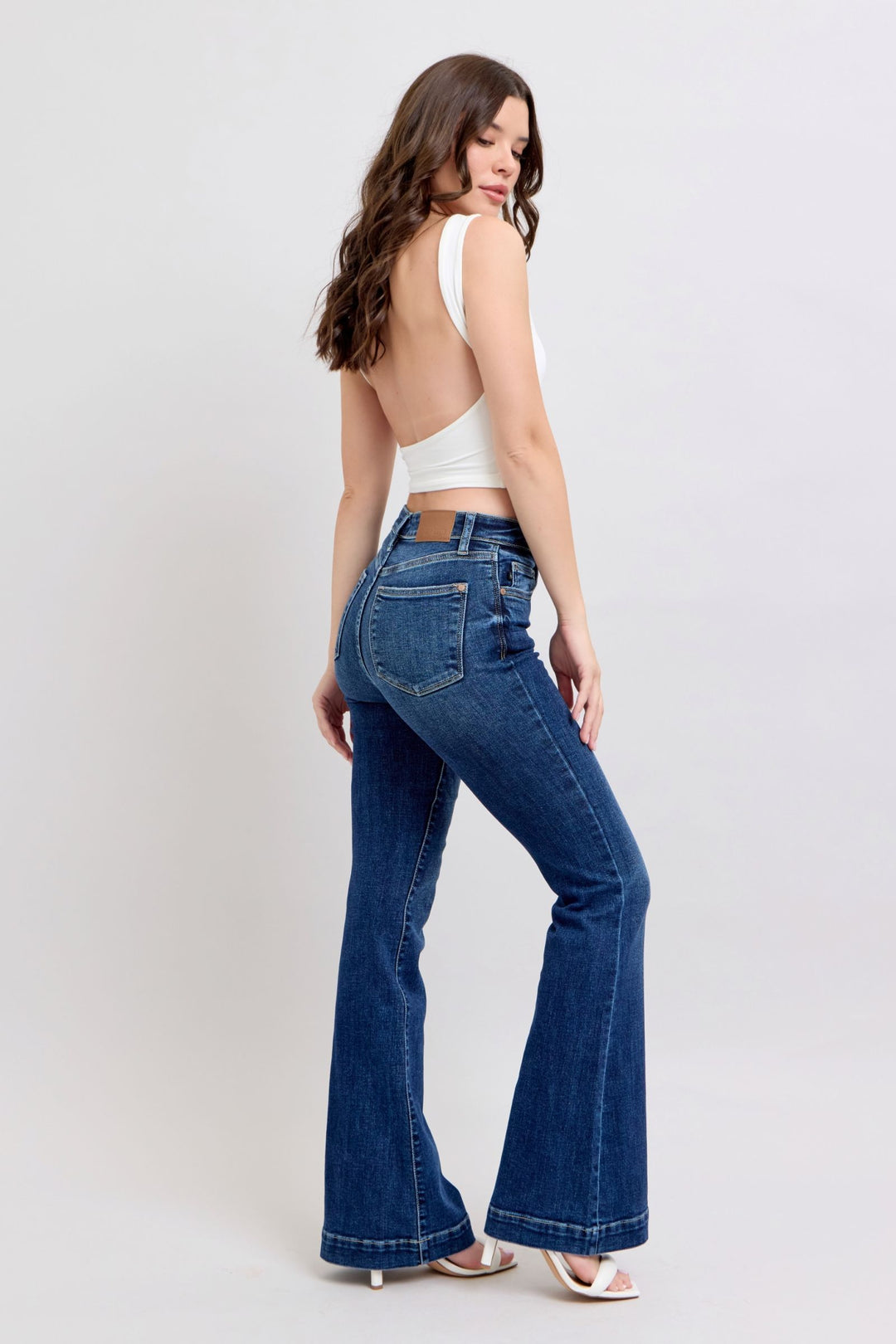 Dark Judy Blue Full Size High Rise Flare Jeans With Pockets Plus Size