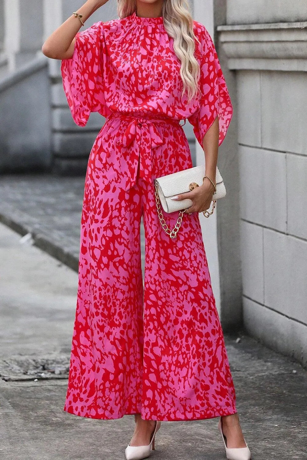 Hot Pink Leopard Belted Wide Leg Jumpsuit