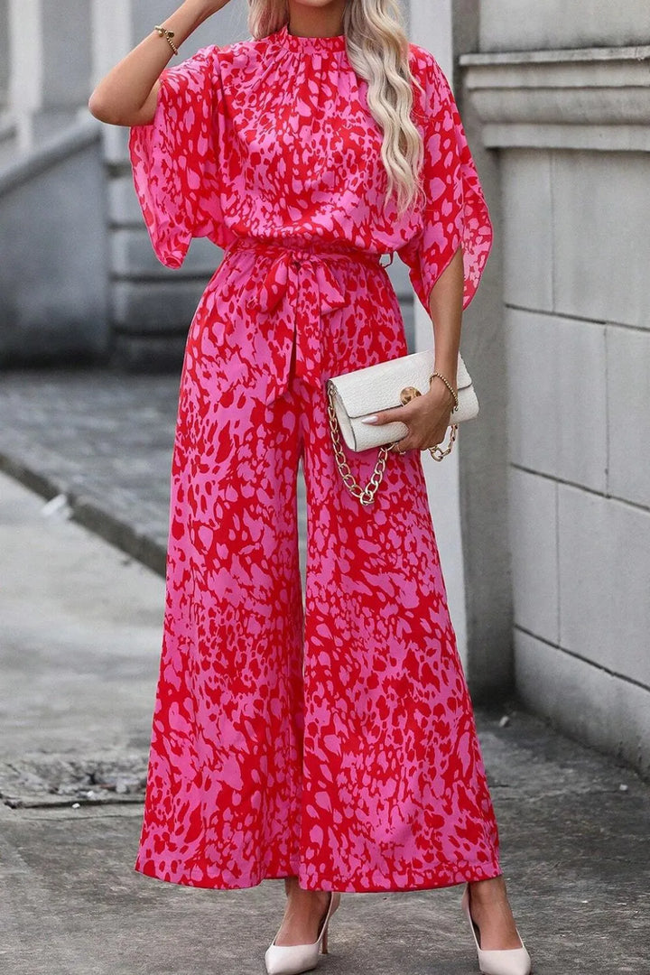 Hot Pink Leopard Belted Wide Leg Jumpsuit