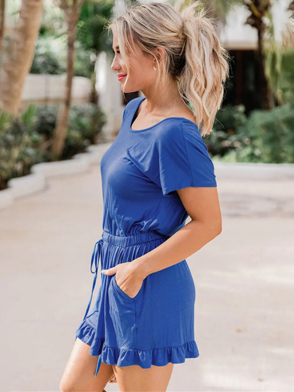 Royal Blue Ruffled Boat Neck Short Sleeve Romper