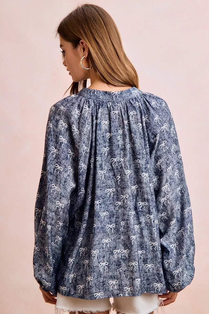 Bibi Ribbon Bow Print Exaggerated Balloon Sleeves Top