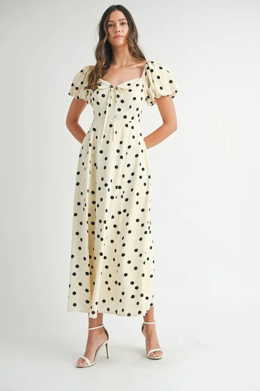 Cream Mable Polka Dot Puff Sleeve Midi Dress