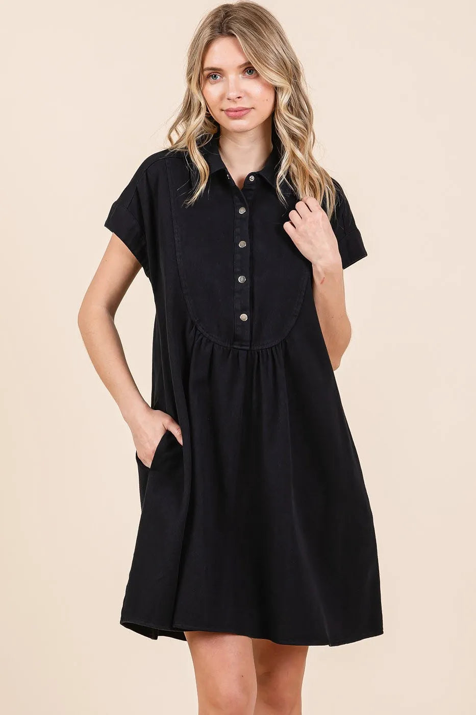 Black Mittoshop Twill Short Sleeve Collared Mini Dress