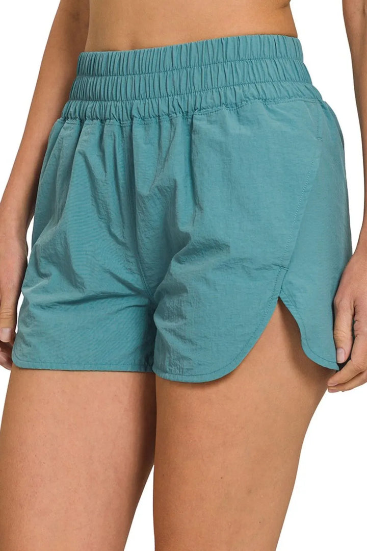 Dusty Teal Zenana Windbreaker Smocked Waistband Running Shorts 5