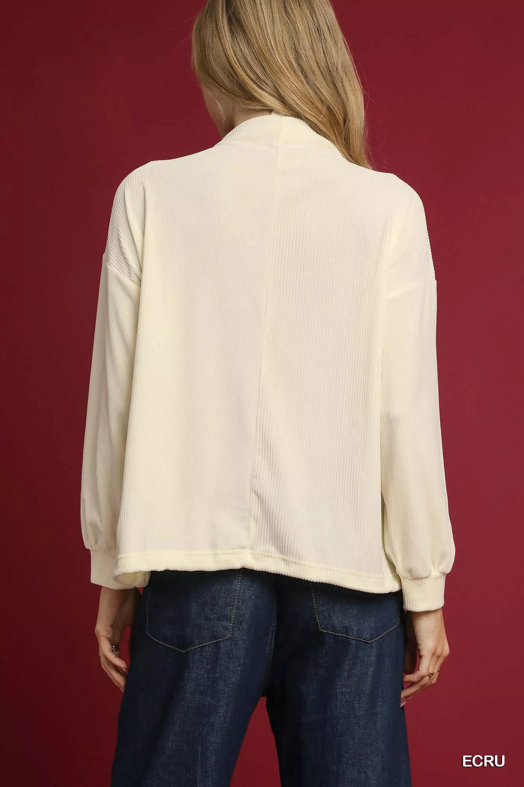 Ecru Umgee Ribbed Drawstring Hem Knit Top