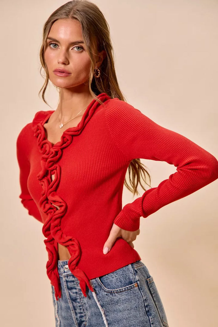 Red Coral So Me Cascade Ruffle Ribbed Sweater Cardgian