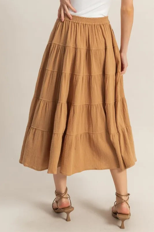 Camel Hyfve Double Gauze Tiered Midi Skirt With Pockets 2