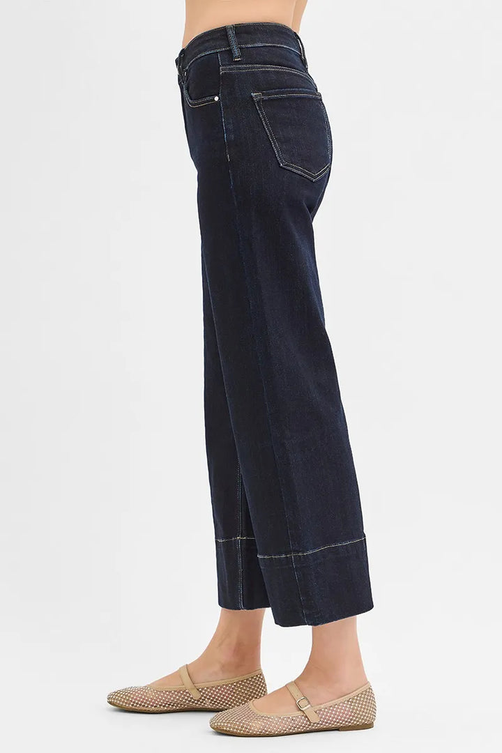 Solid Dark Risen Tummy Control High Rise Crop Wide Seam Detailed Jeans