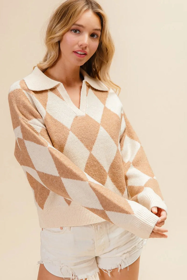 Oatmeal/Latte Bibi Diamond Pattern Collared Notch Neck Sweater