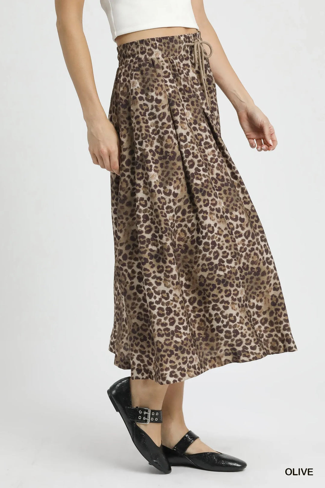 Olive Umgee Drawstring Leopard Midi Skirt