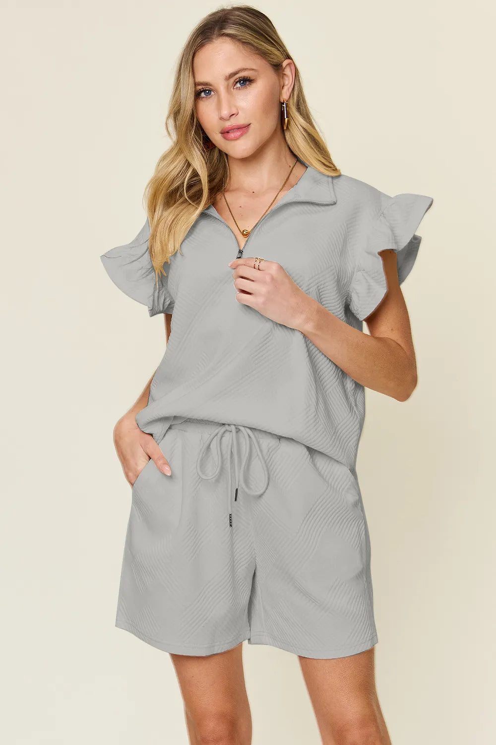 Aqua Double Take Full Size Texture Flounce Sleeve Top And Drawstring Shorts Set 1