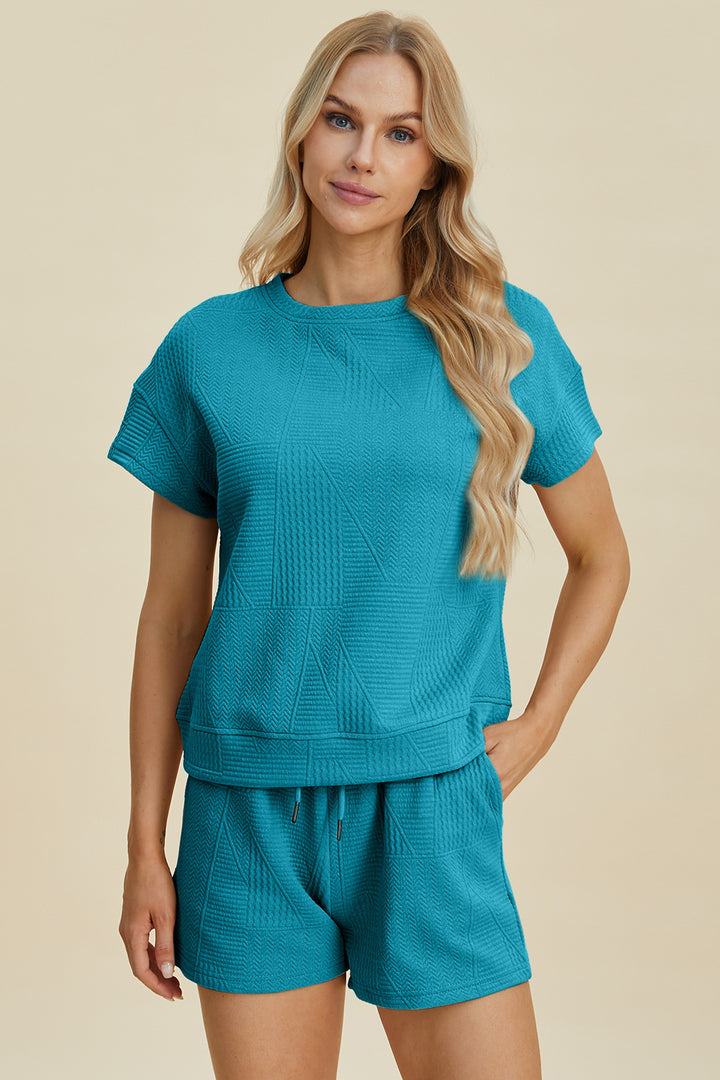 Double Take Full Size Texture Short Sleeve Top And Shorts Set