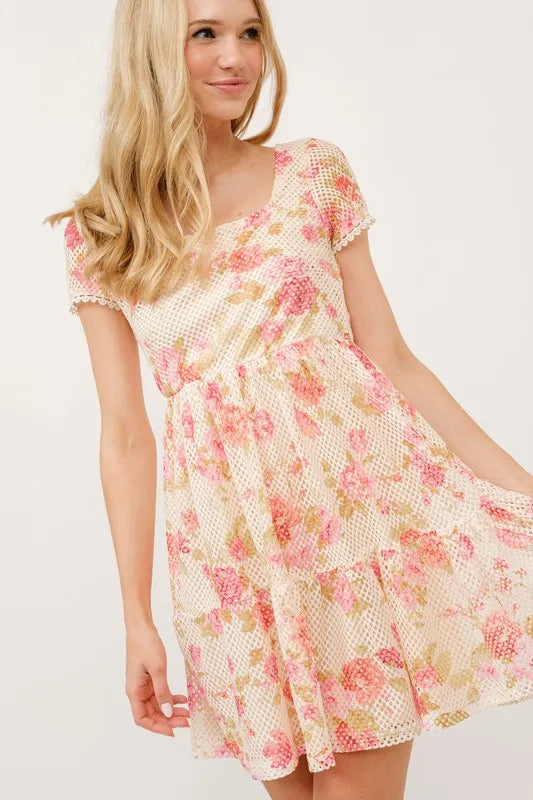 Multi And The Why Square Neck Tiered Floral Fishnet Dress