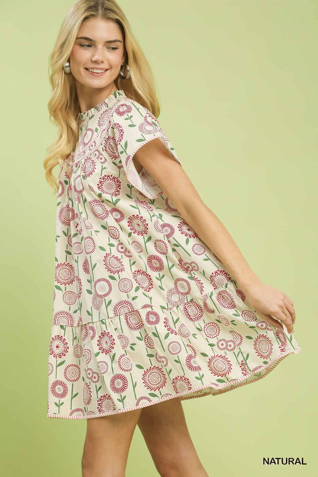 Natural Umgee Floral Print Tiered Babydoll Dress