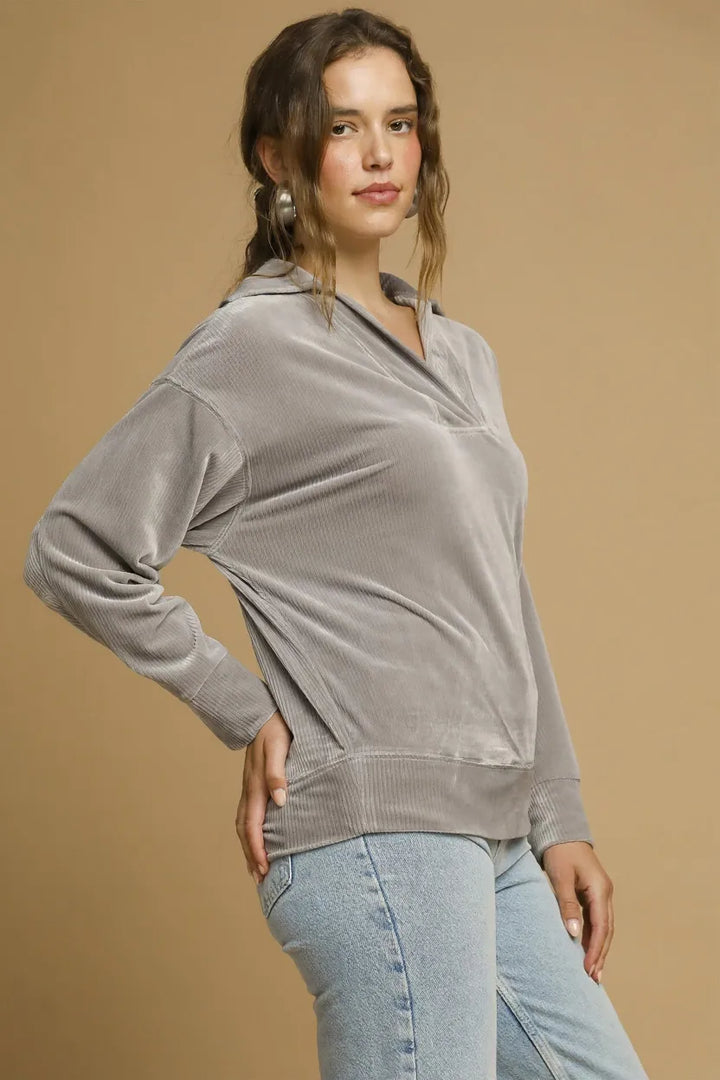 Grey Umgee Soft Thermal Collared Long Sleeve Top 1