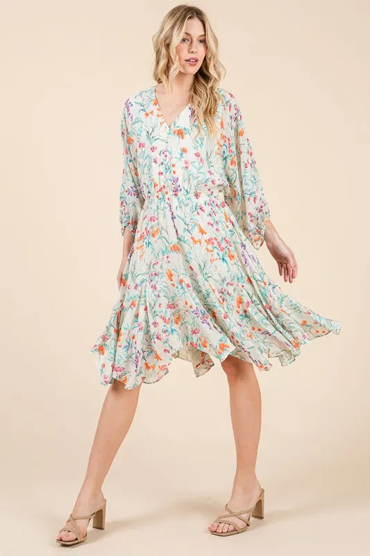 Lime N Chili Floral Cinched Waist Balloon Sleeve V Neck Dress