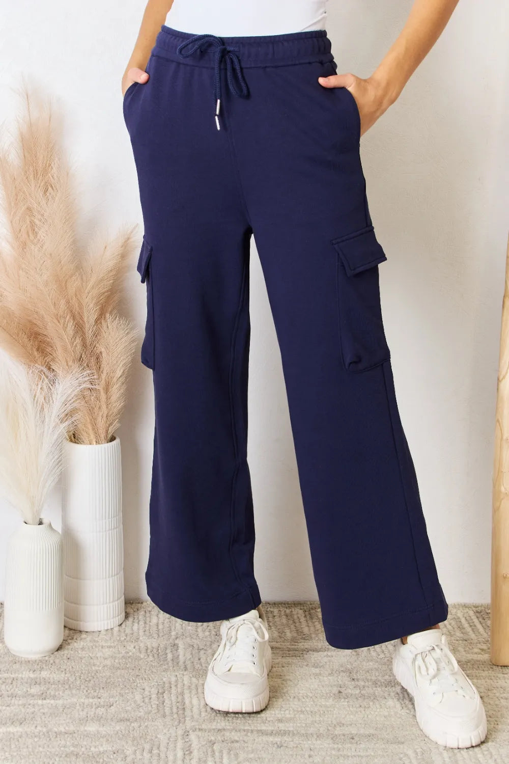 Dark Blue Risen Drawstring Relaxed Cargo Wide Leg Pants