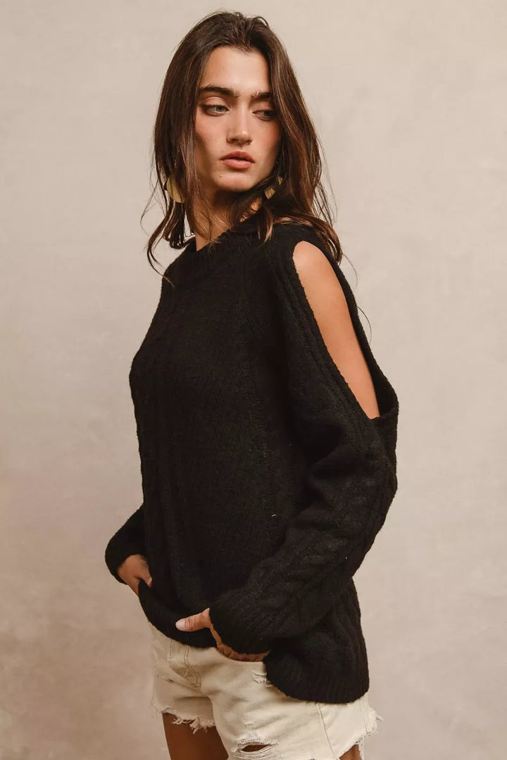 Black Bibi Twist Knitted Open Shoulder Sweater