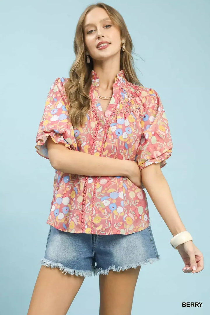 Berry Umgee Smocked Floral Ruffle Trim Top 1