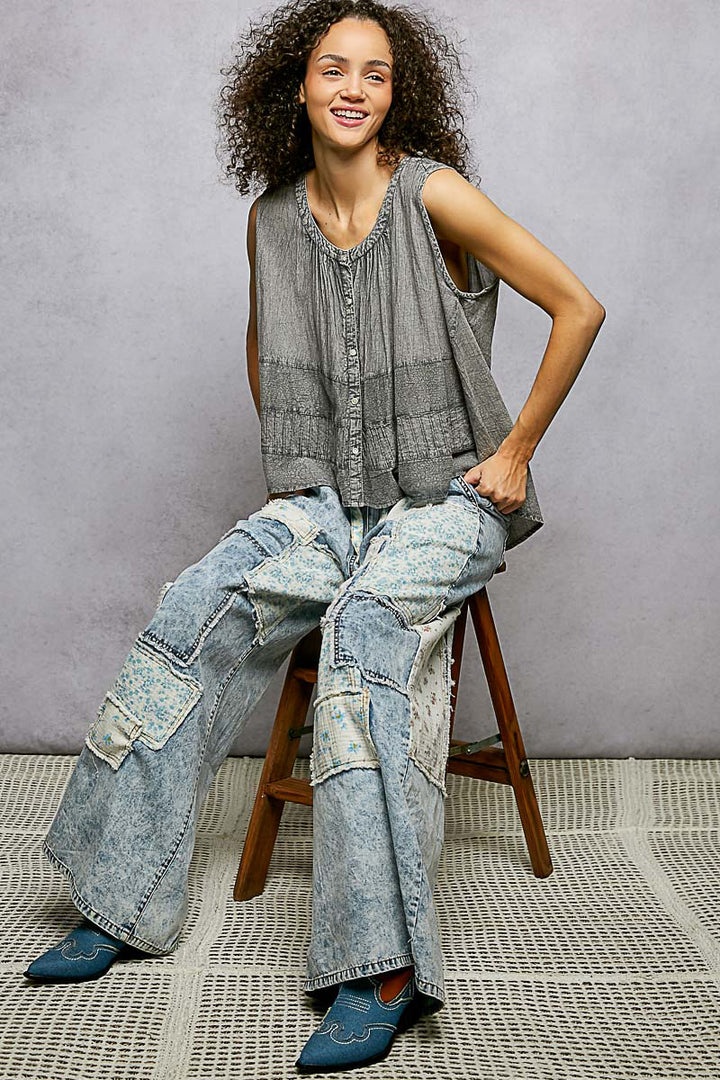Pol Button Down Round Neck Tank With Crochet Contrast