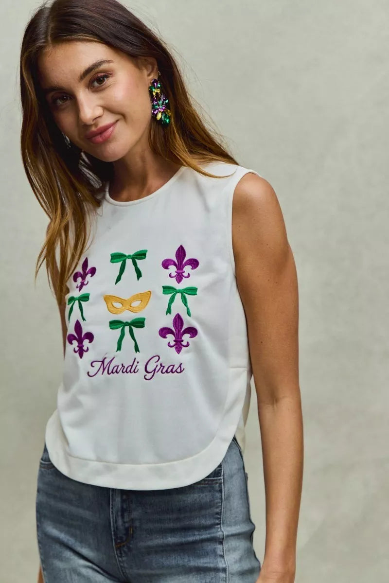 Ivory So Me Mardi Gras Fleur De Lis And Ribbon Embroidered Top
