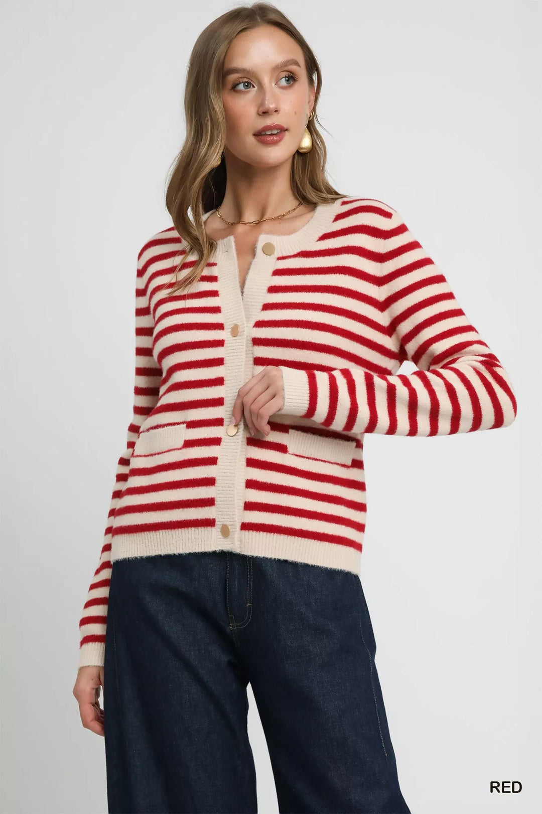 Red Umgee Striped Knit Button Up Cardigan