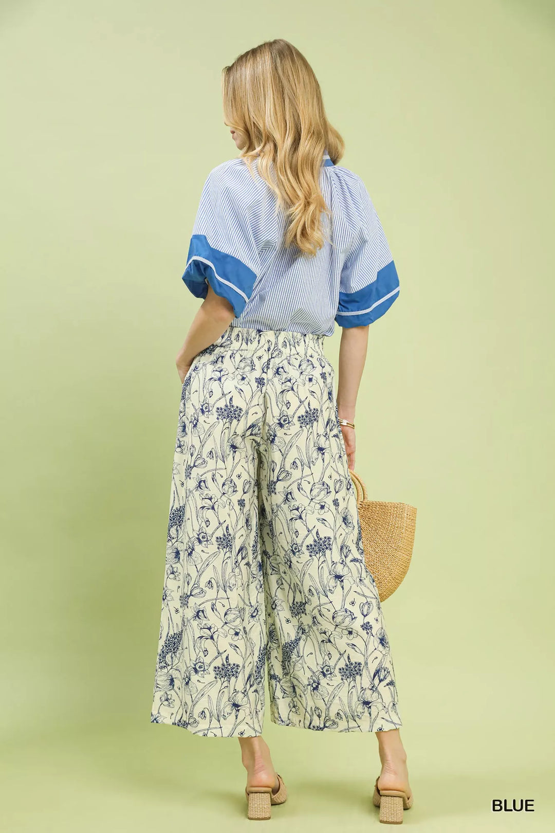 Blue Umgee Two Tone Floral Print Pants 1