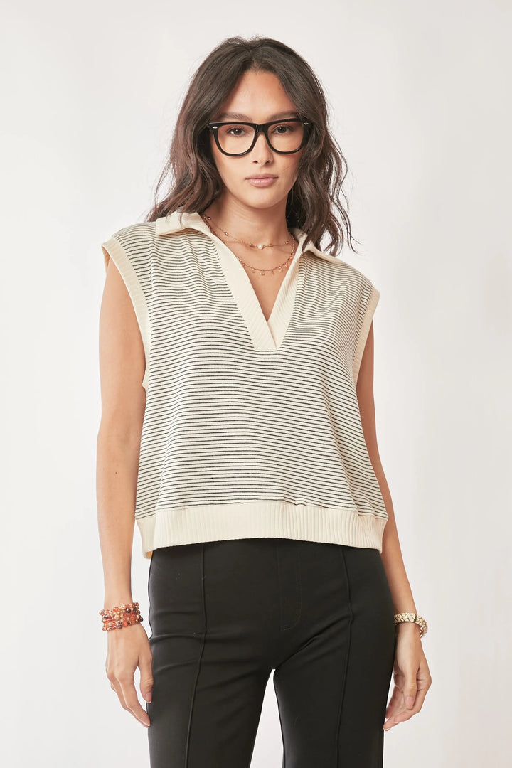 Cream Black Davi Dani French Terry Boxy Fit Striped Sweater Vest