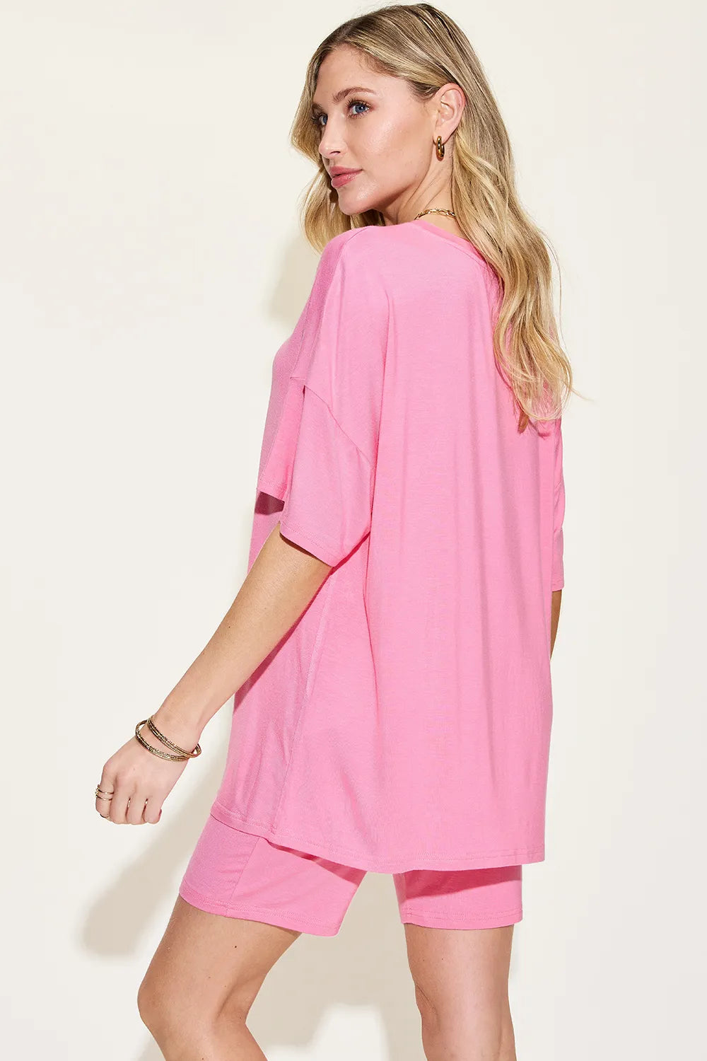 Pink Basic Bae Full Size V Neck Drop Shoulder T Shirt And Shorts Set