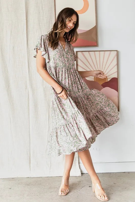 Sage Mittoshop Abstract Print Ruffle Tier Midi Dress