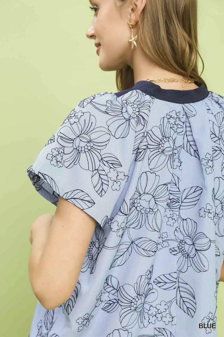 Umgee Stripe Embroidered Mixed Collar V Neck Top