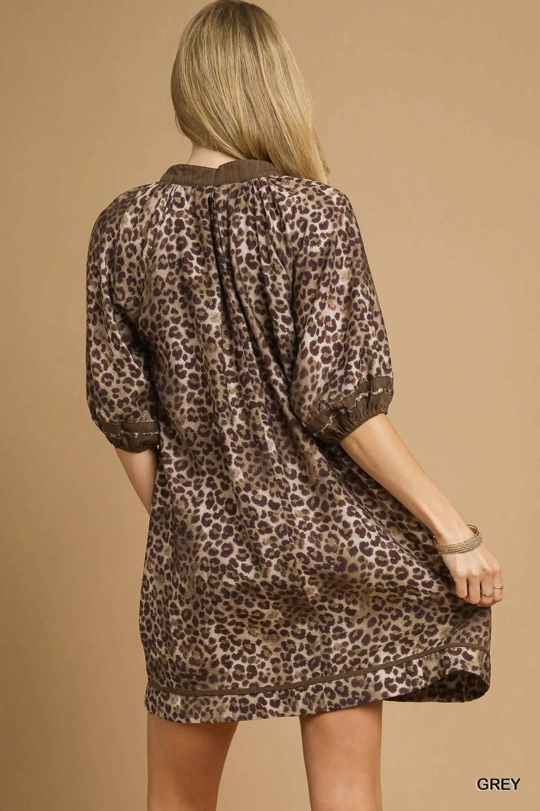 Grey Umgee Full Size Leopard Print Mini Dress With Contrast Trim Plus Size 1