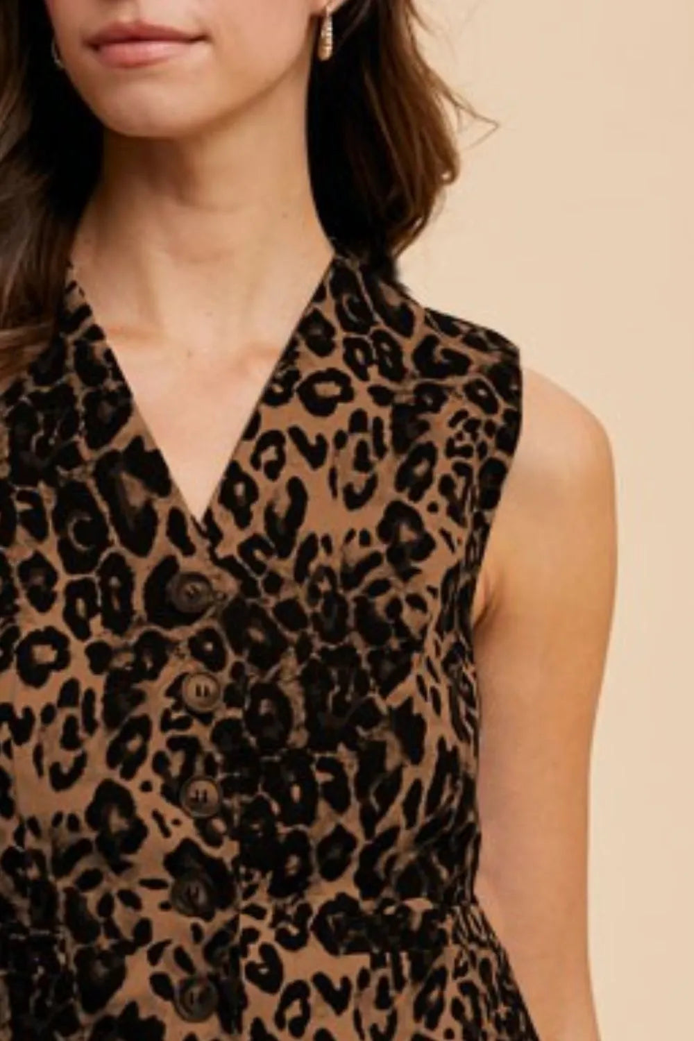 Mocha Annie Wear Stretch Leopard Denim Button Down Vest