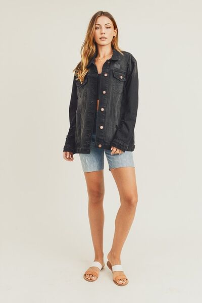 Black Risen Full Size Distressed Long Sleeve Denim Jacket