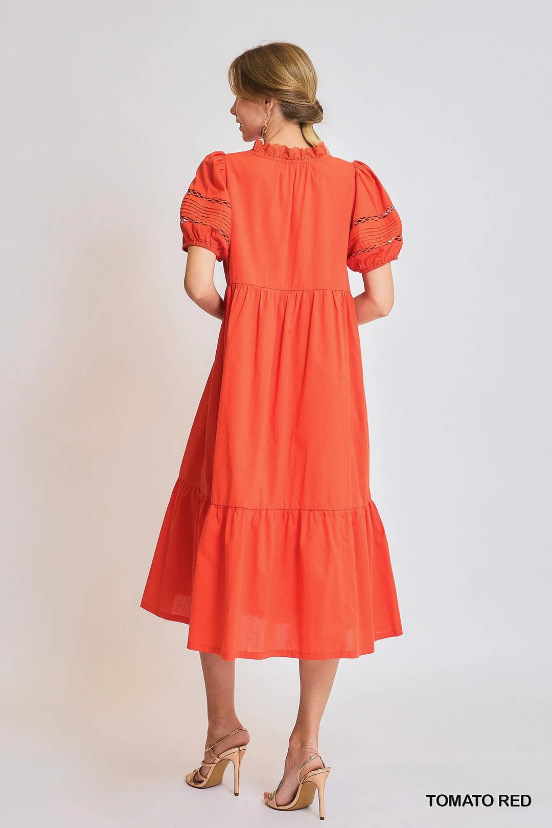 Tomato Red Umgee Short Sleeve Lace Trim Ruffled Midi Dress