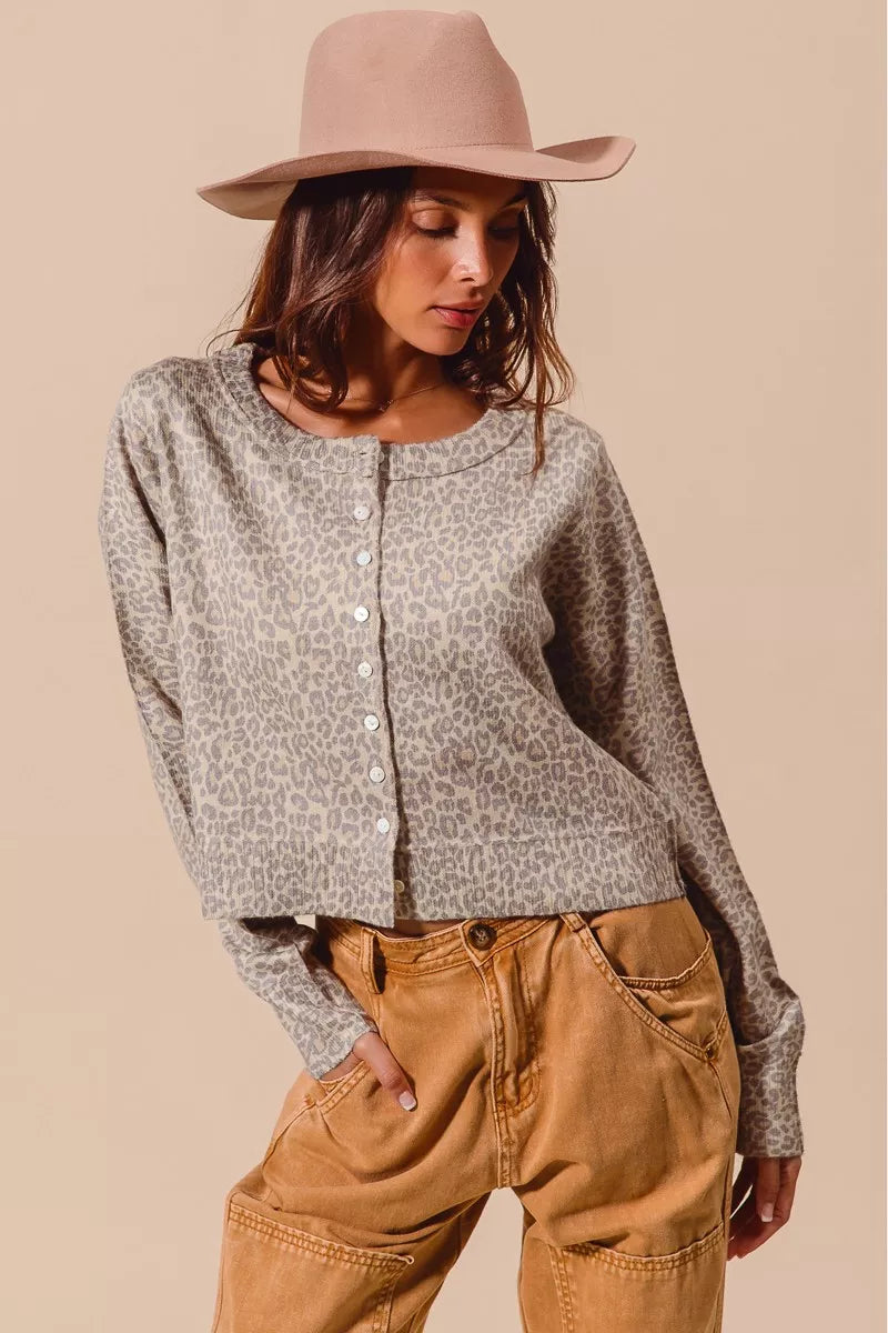 Vintage Oatmeal So Me Two Tone Leopard Vintage Print Button Up Cardigan